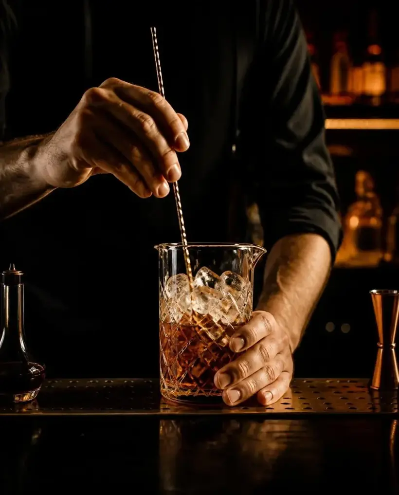 A bartender stirring a drink in a crystal mixing glass